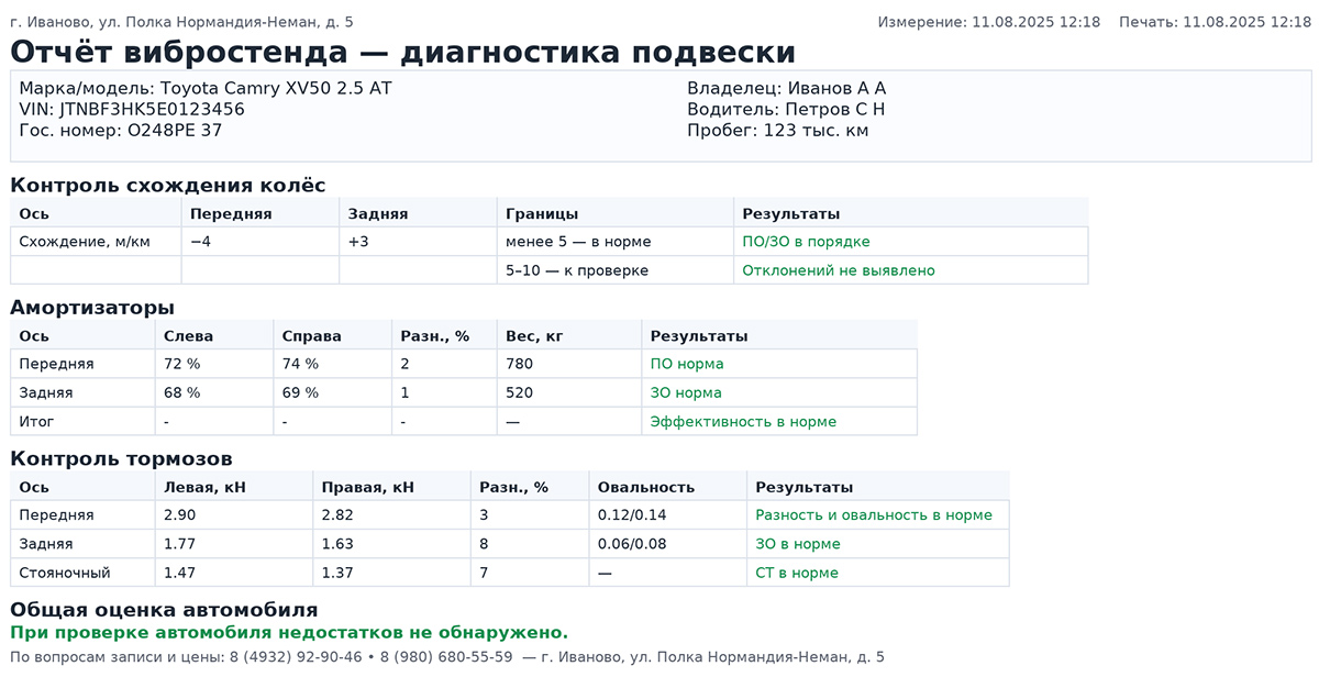 Результат  подвески автомобиля на вибростенде в Иваново
